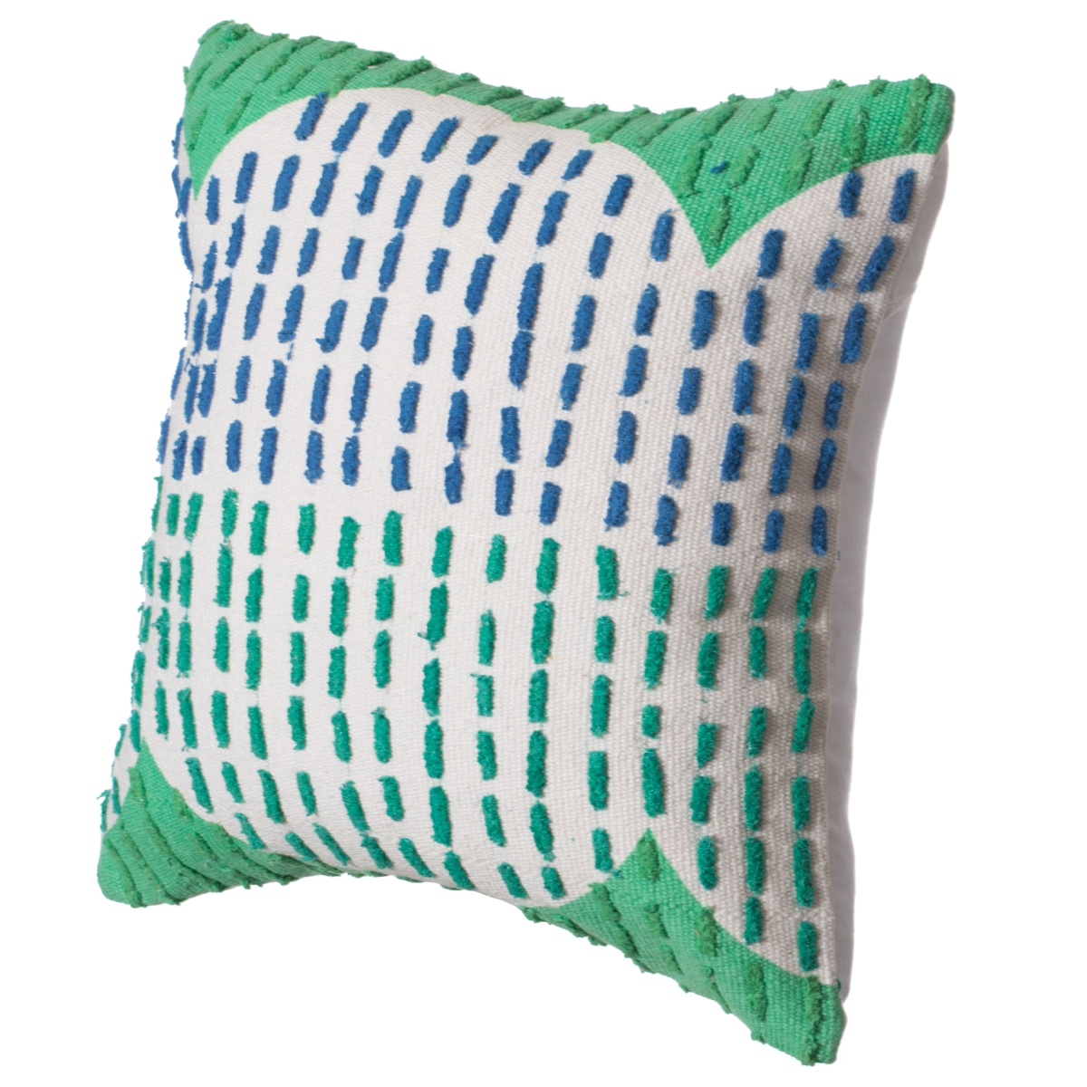 16' Handwoven Cotton Throw Pillow Cover with Ribbed Line Dots and Wave Border, Green