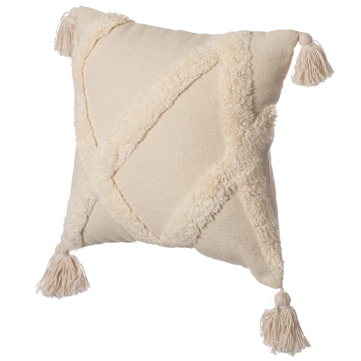 16' Handwoven Cotton Throw Pillow Cover with White Tufted Large Lattice Pattern and Tassel Corners, White