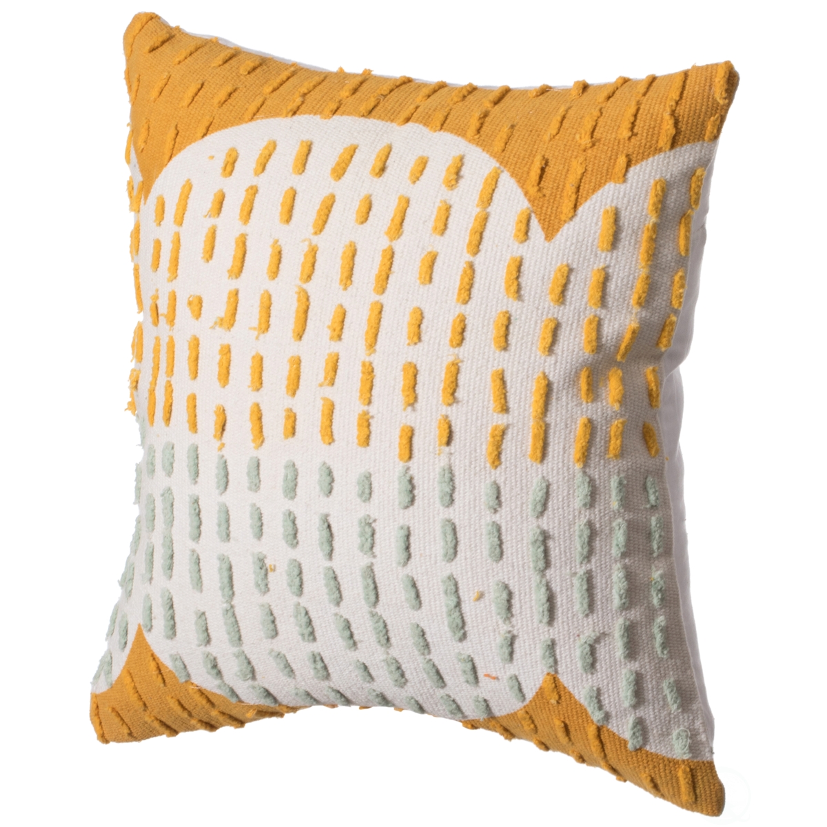 16' Handwoven Cotton Throw Pillow Cover with Ribbed Line Dots and Wave Border with Filler, Mustard