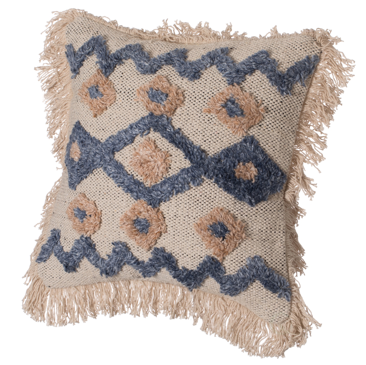 QI004299.ZZ.K 16' Handwoven Cotton & Silk Throw Pillow Cover with Embossed Zig Zag with Filler, Blue & Beige