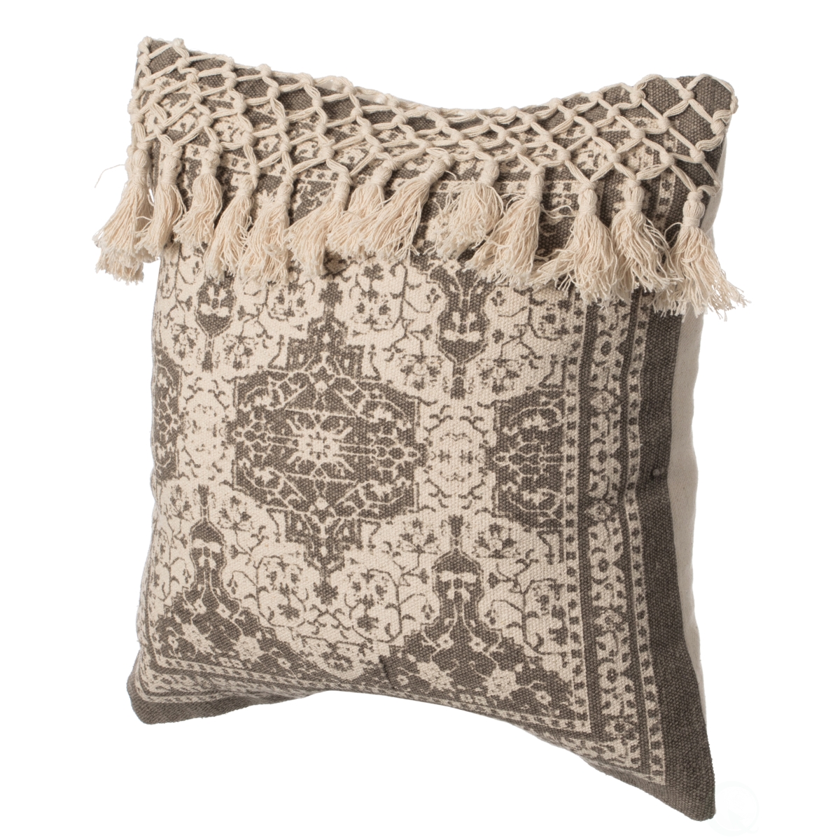 16' Handwoven Cotton Throw Pillow Cover with Traditional Pattern and Tasseled Top, Beige