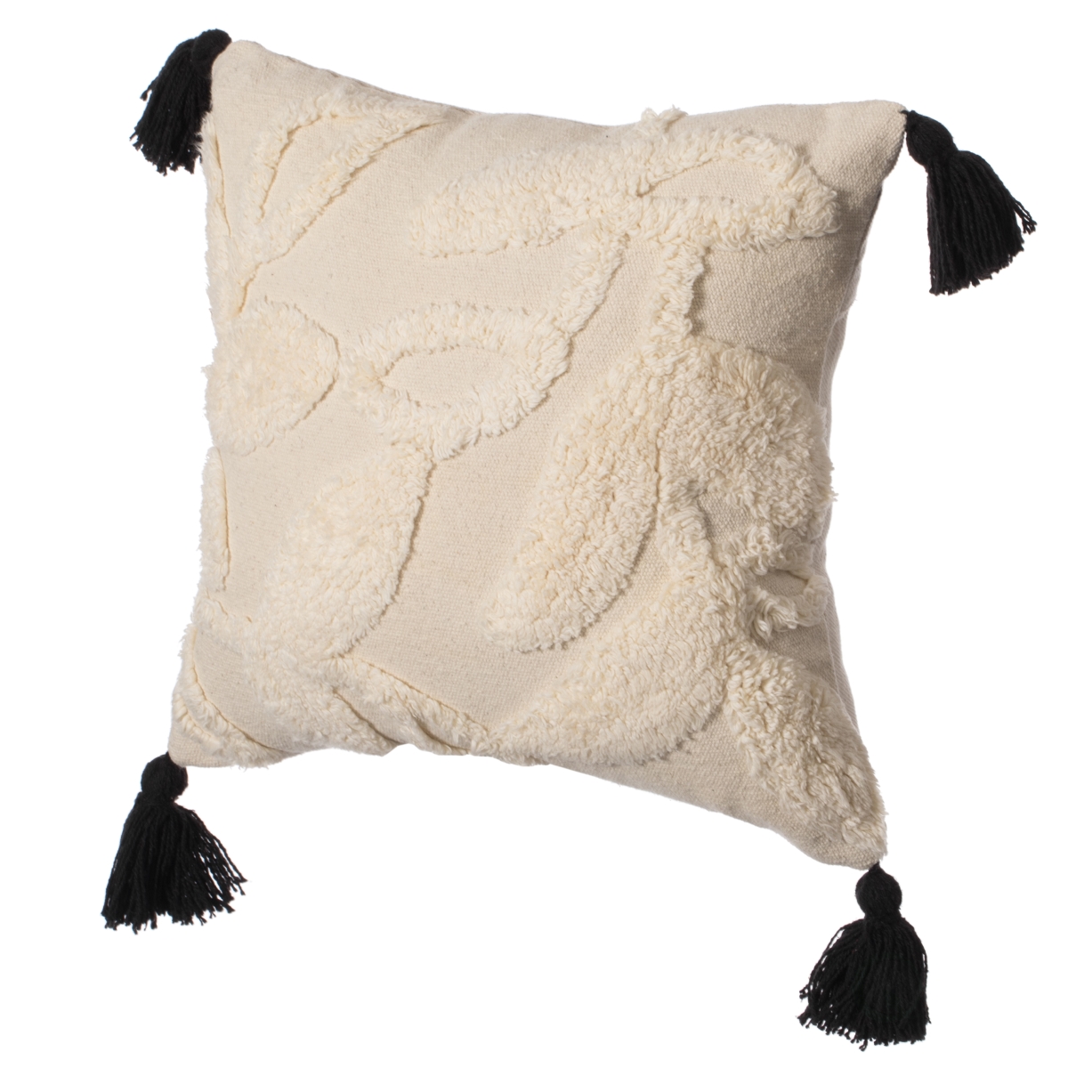 16' Handwoven Cotton Throw Pillow Cover with White Tufted Stem Pattern and Black Tassel Corners, White