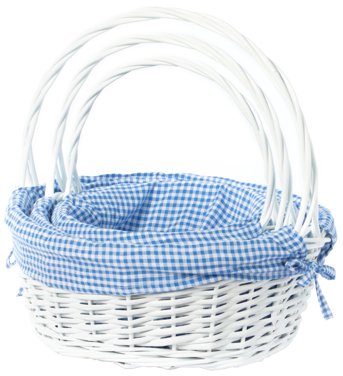 Picture of Vintiquewise QI004550BL.3 White Round Willow Gift Basket, with Blue and White Gingham Liner and Handles, Set of 3