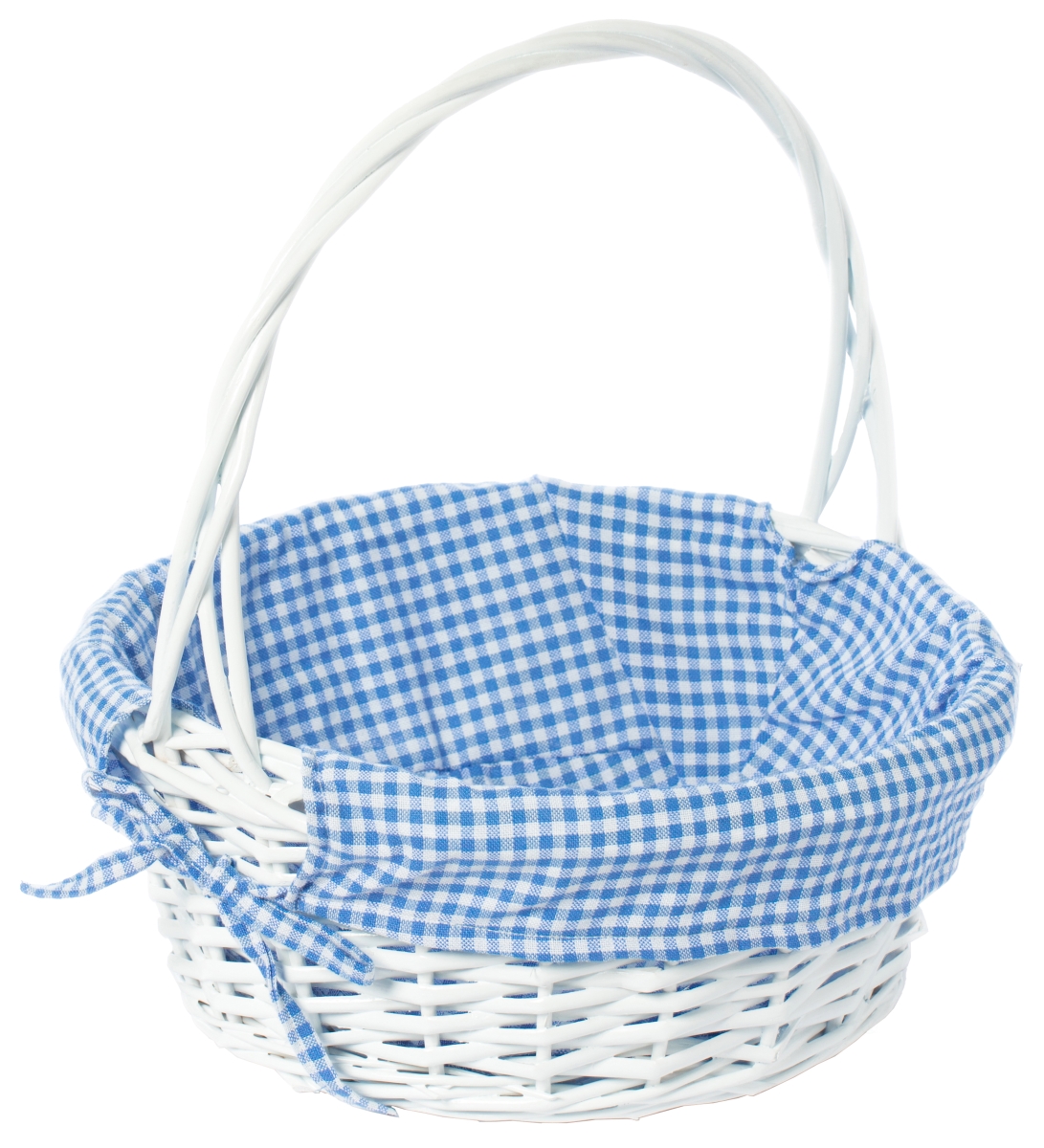 Picture of Vintiquewise QI004550BL.M White Round Willow Gift Basket, with Blue and White Gingham Liner and Handles, Medium