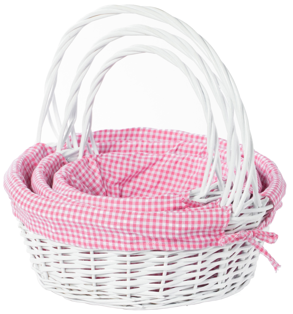 Picture of Vintiquewise QI004550PK.3 White Round Willow Gift Basket, with Pink and White Gingham Liner and Handles, Set of 3