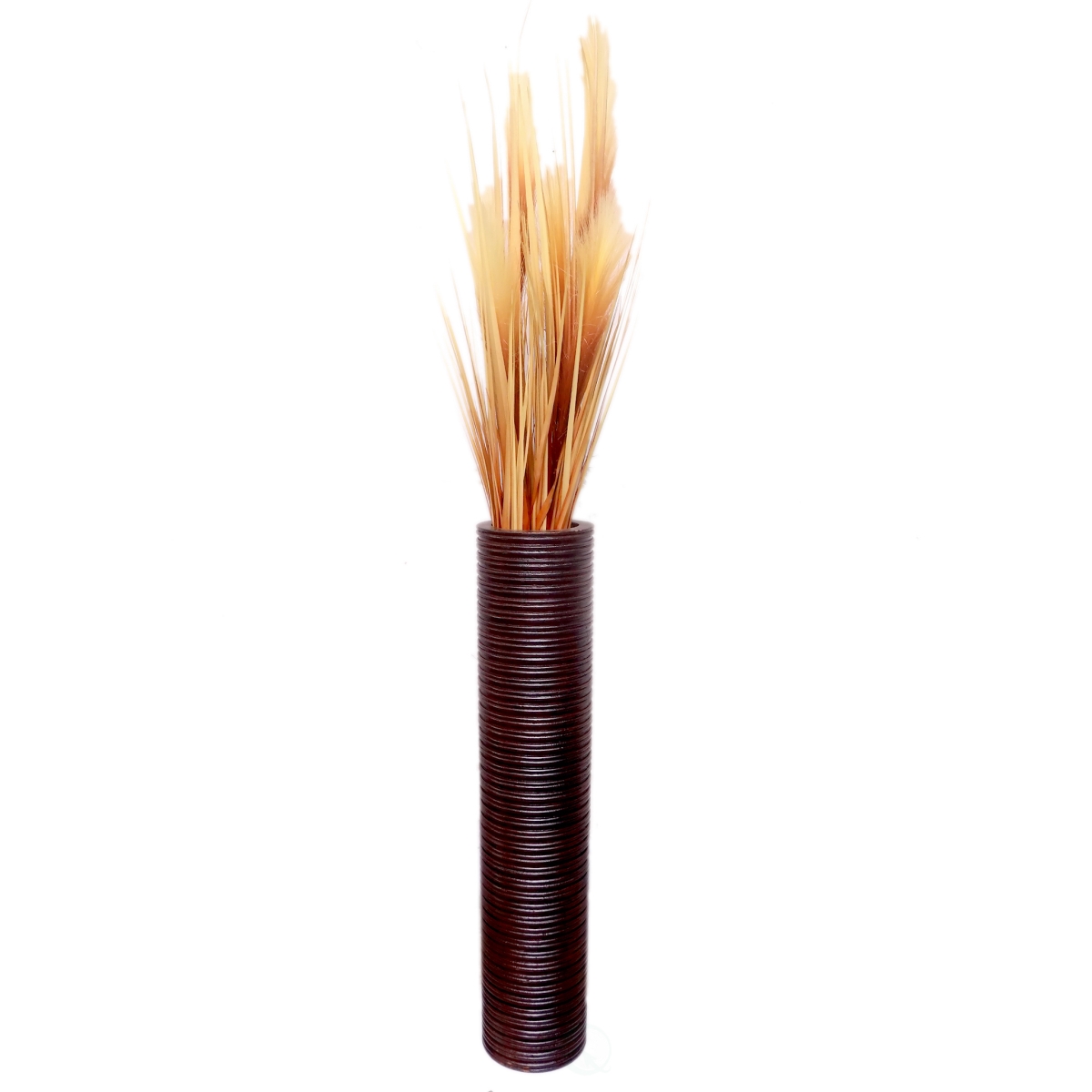 Brown Decorative Contemporary Mango Wood Ribbed Design Cylinder Shaped Floor Vase, 30 Inch