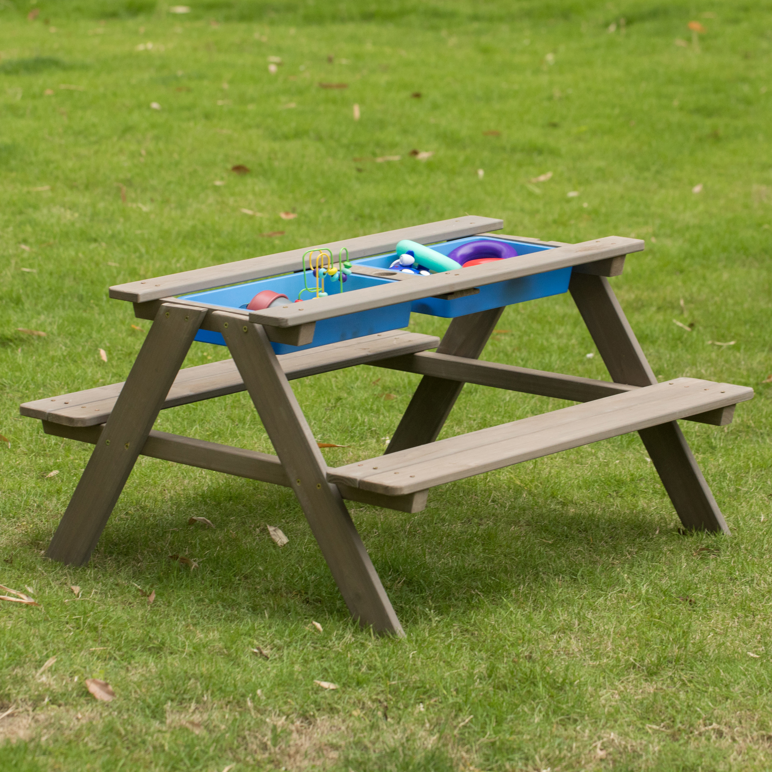 Picture of Gardenised QI004476 Kids Picnic Play Table&#44; Sandbox Table with Umbrella Hole and 2 Play Boxes with Removable Top&#44; Gray
