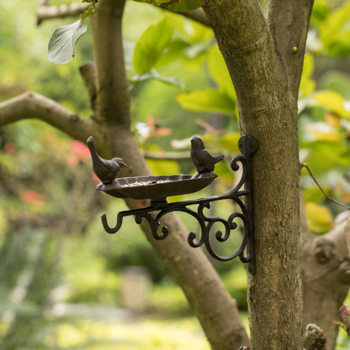 Picture of Gardenised QI004530 Outdoor Garden Wall Mounted Hanging Iron Bird Bath and Feeder Decor, Bronze
