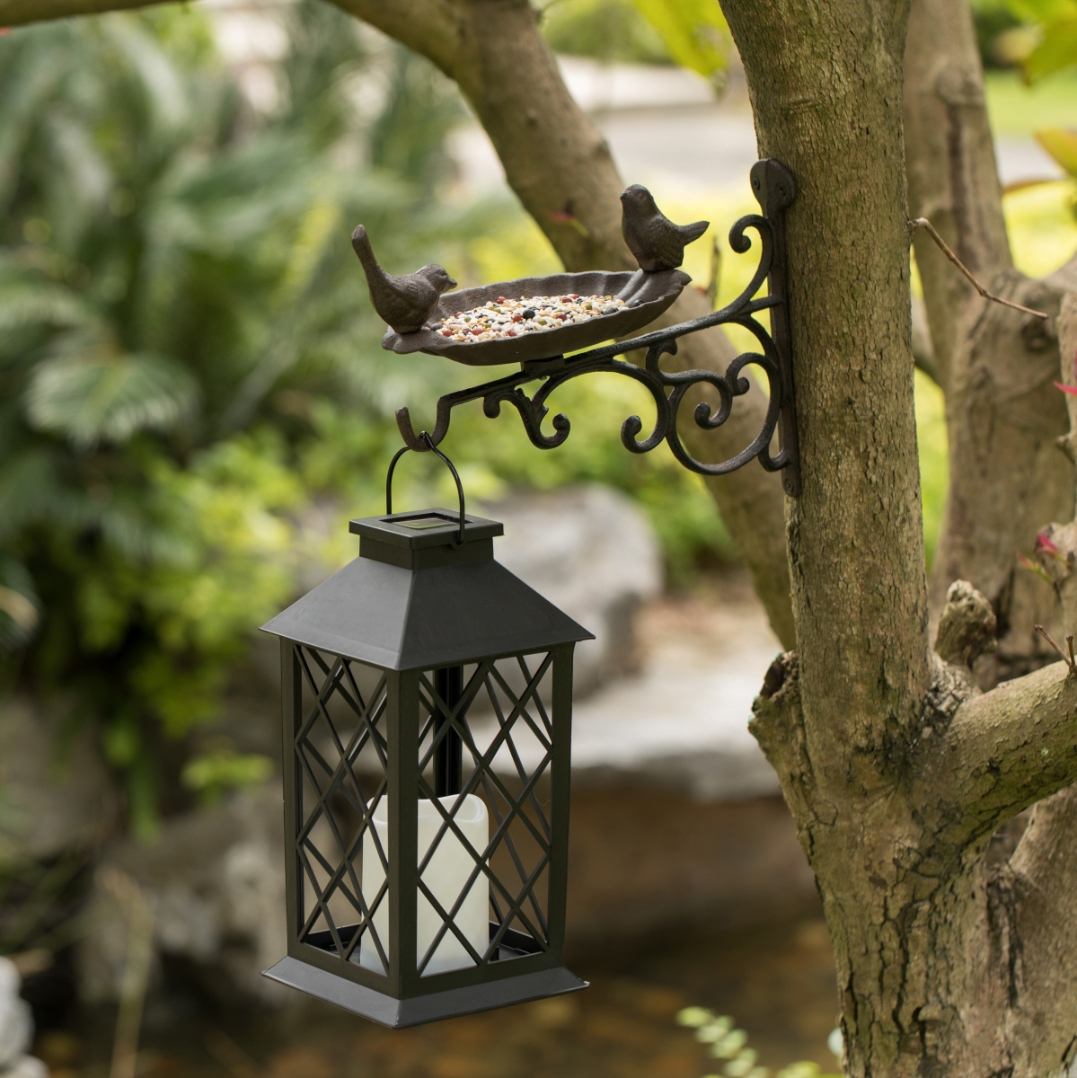 Picture of Gardenised QI004530 Outdoor Garden Wall Mounted Hanging Iron Bird Bath and Feeder Decor, Bronze