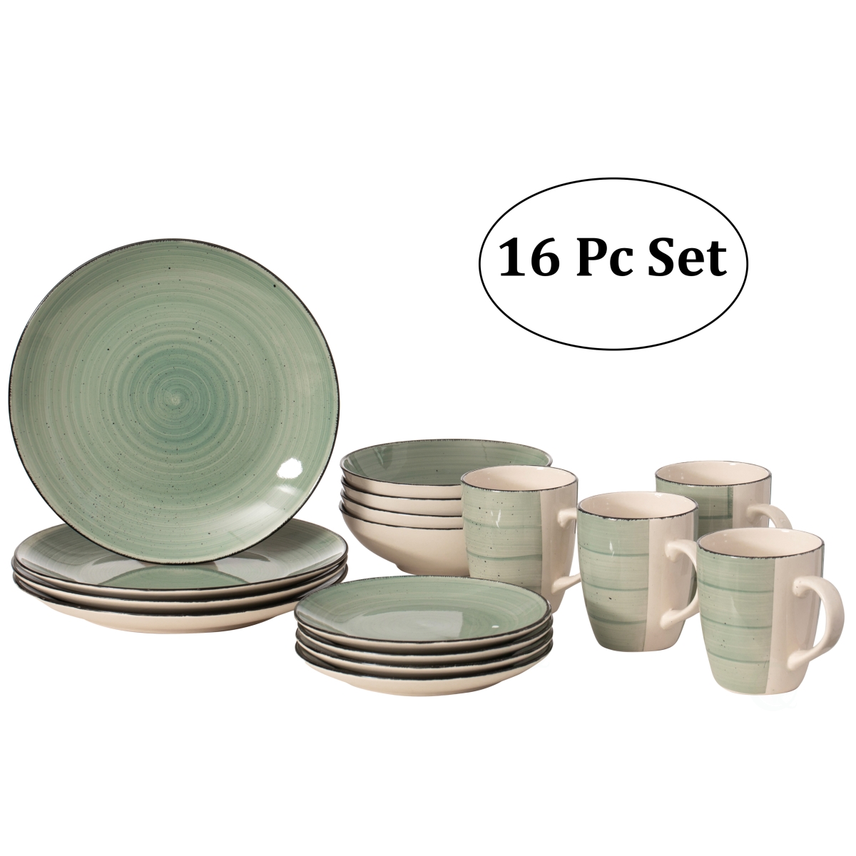 Picture of Quickway Imports QI004502.GN 16 PC Dinnerware Dish Set for 4 - Mugs, Salad and Dinner Plates and Bowls Sets, High Quality Dishes with Highly Chip and Crack Resistant, Dishwasher and Microwave Safe, Green