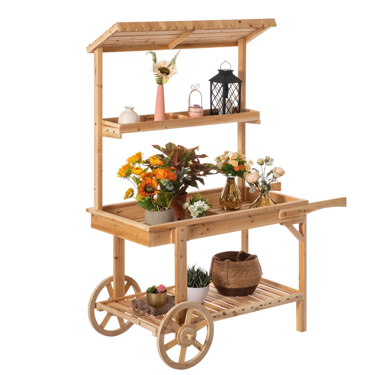 Antique Solid Wood Display Rack Cart - Natural - 2-Tiered with Wheels - Versatile Storage