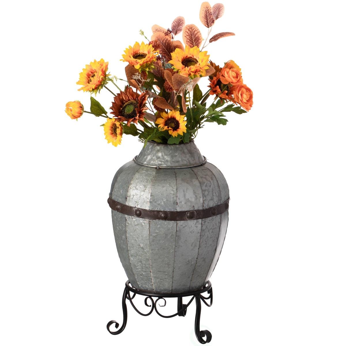 Rustic Silver Galvanized Barrel Shape Planter and Vase with Metal Stand