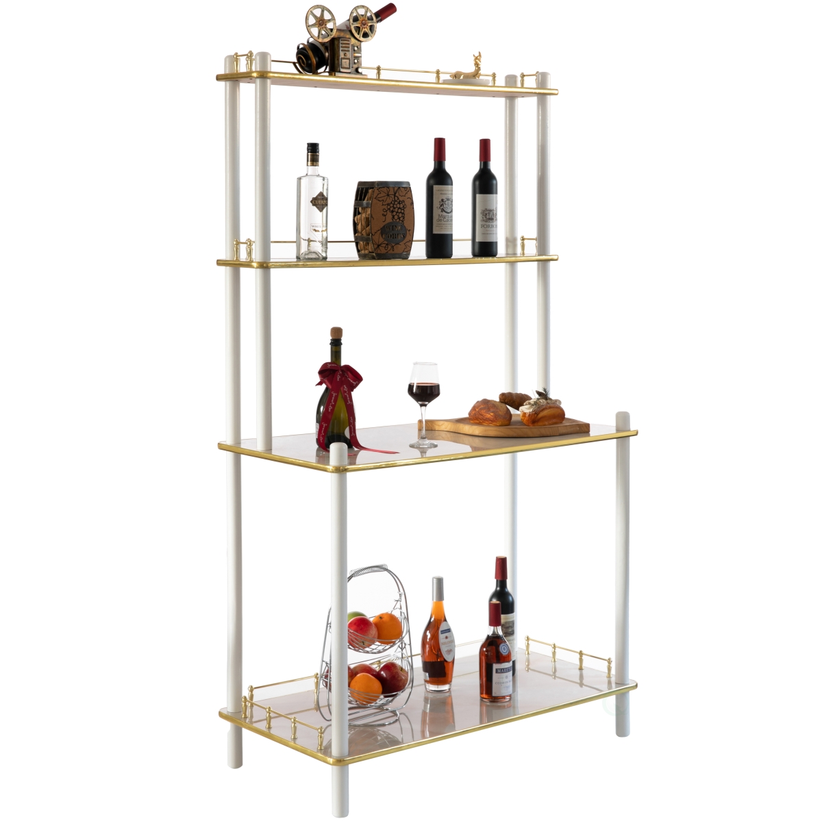 Modern Display Wooden Console Bar Serving Table with 4 Tiered Open Shelves, for Bartender, Kitchen or Wine Caller Room, White