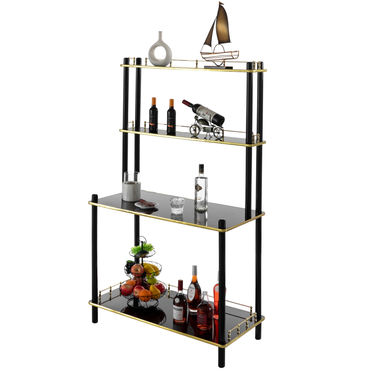 Modern Display Wooden Console Bar Serving Table with 4 Tiered Open Shelves, for Bartender, Kitchen or Wine Caller Room, Brown