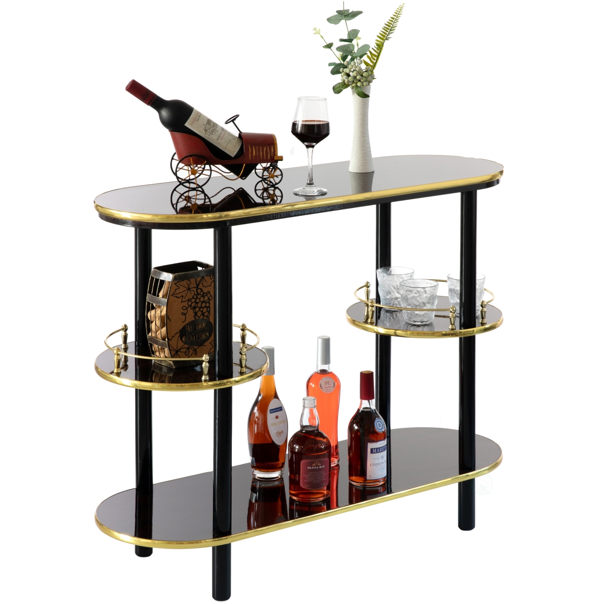 Picture of Fabulaxe QI004485.BN Modern Display Wooden Console Bar with Tiered Open Shelves, Mini Bar with Wine Storage, Brown