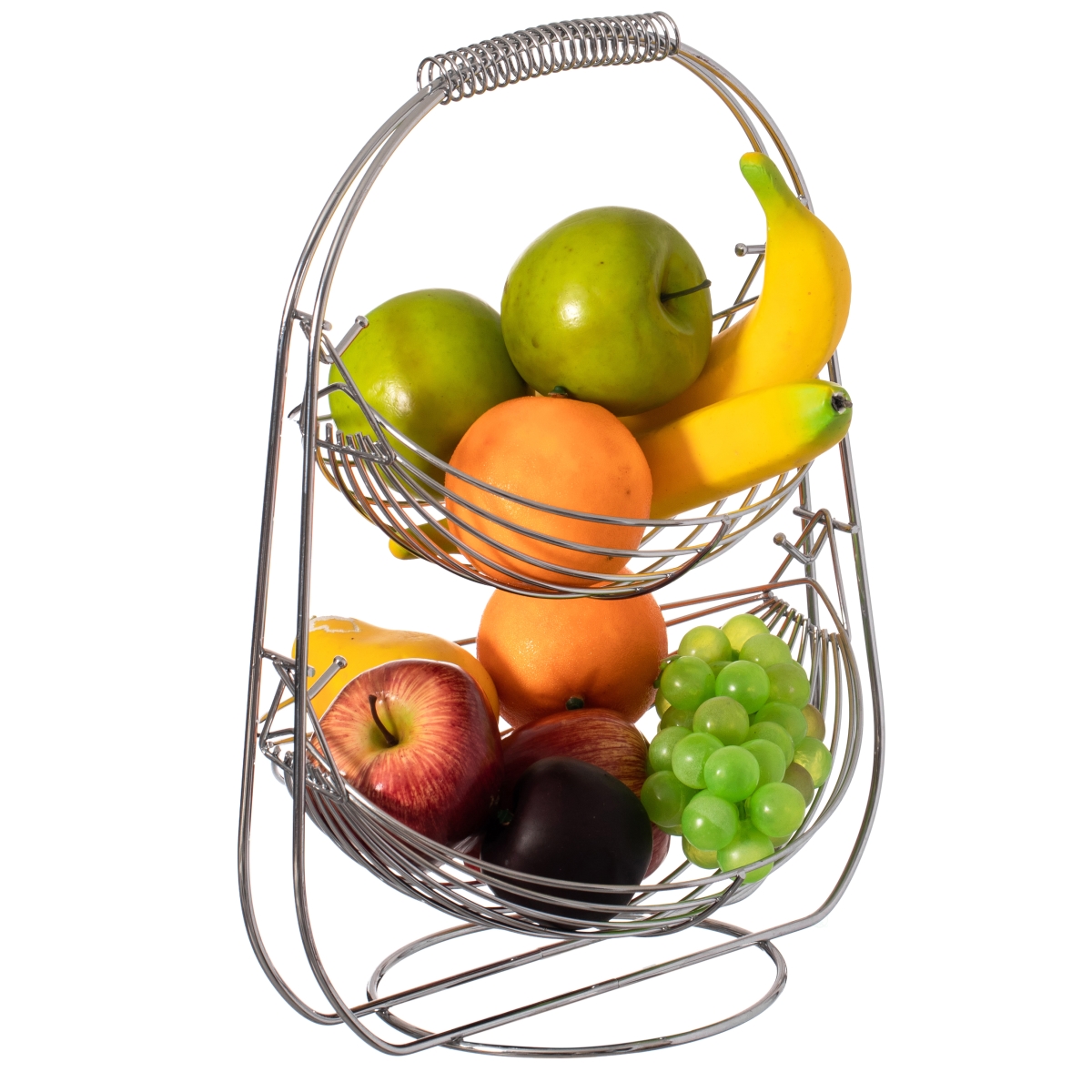 Picture of Basicwise QI004474 2 Tier Metal Fruit Holder Swing Basket for Kitchen | Detachable Countertop Vegetables Storage Organizer with Display Hammock Stand for Farmhouse, Living Room, Dining Room