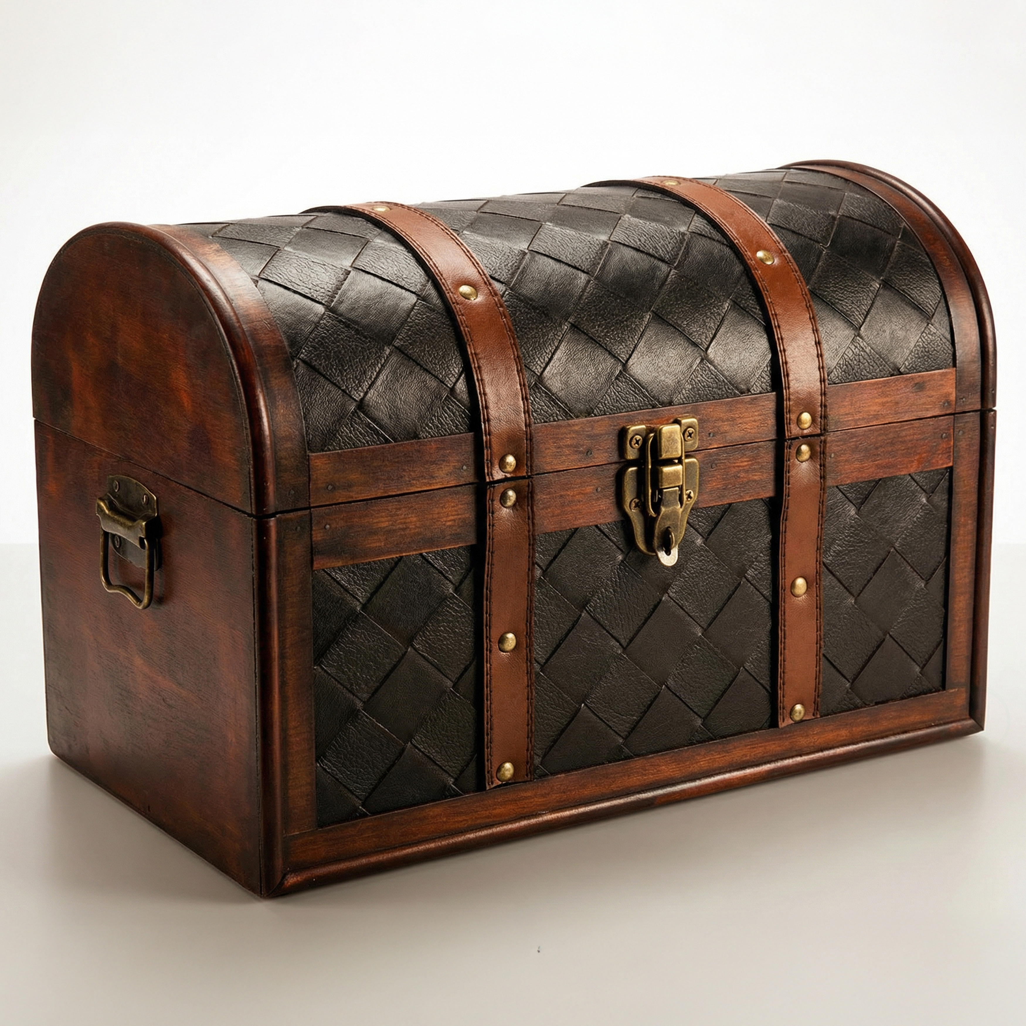 Wooden Leather Round Top Treasure Chest, Decorative storage Trunk with Lockable Latch