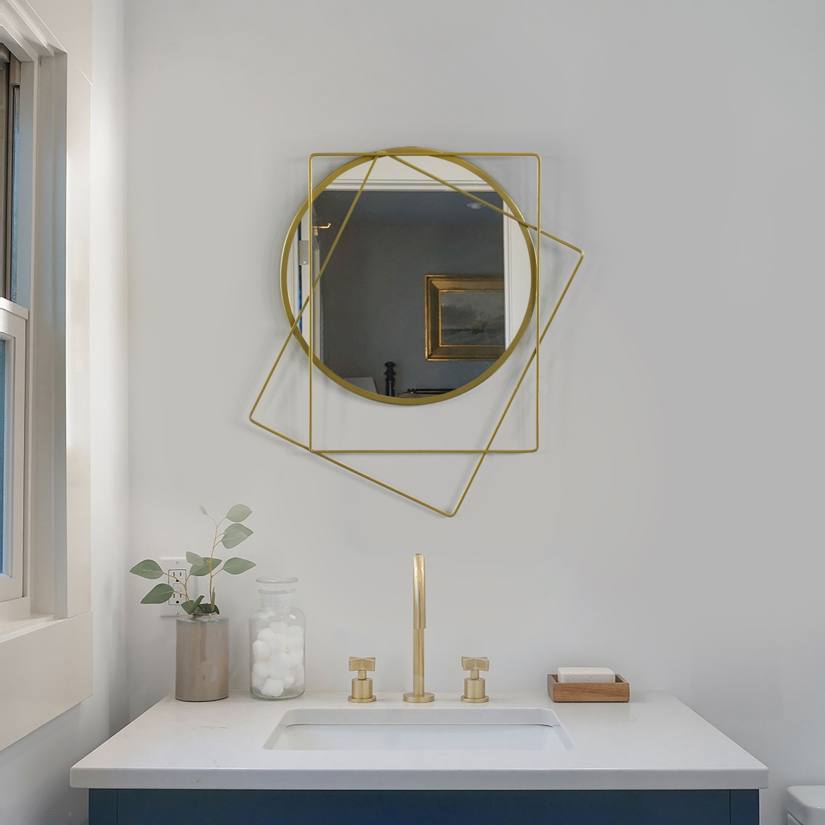 Picture of Uniquewise QI004580 Decorative 20-inch Circle Mirror Featuring 2 Squares Shaped Gold Metal Frame - Perfect for Living Room&#44; Bedroom&#44; Vanity&#44; Entryway&#44; Hallway - Modern Wall Mounted Mirror with Sleek Design