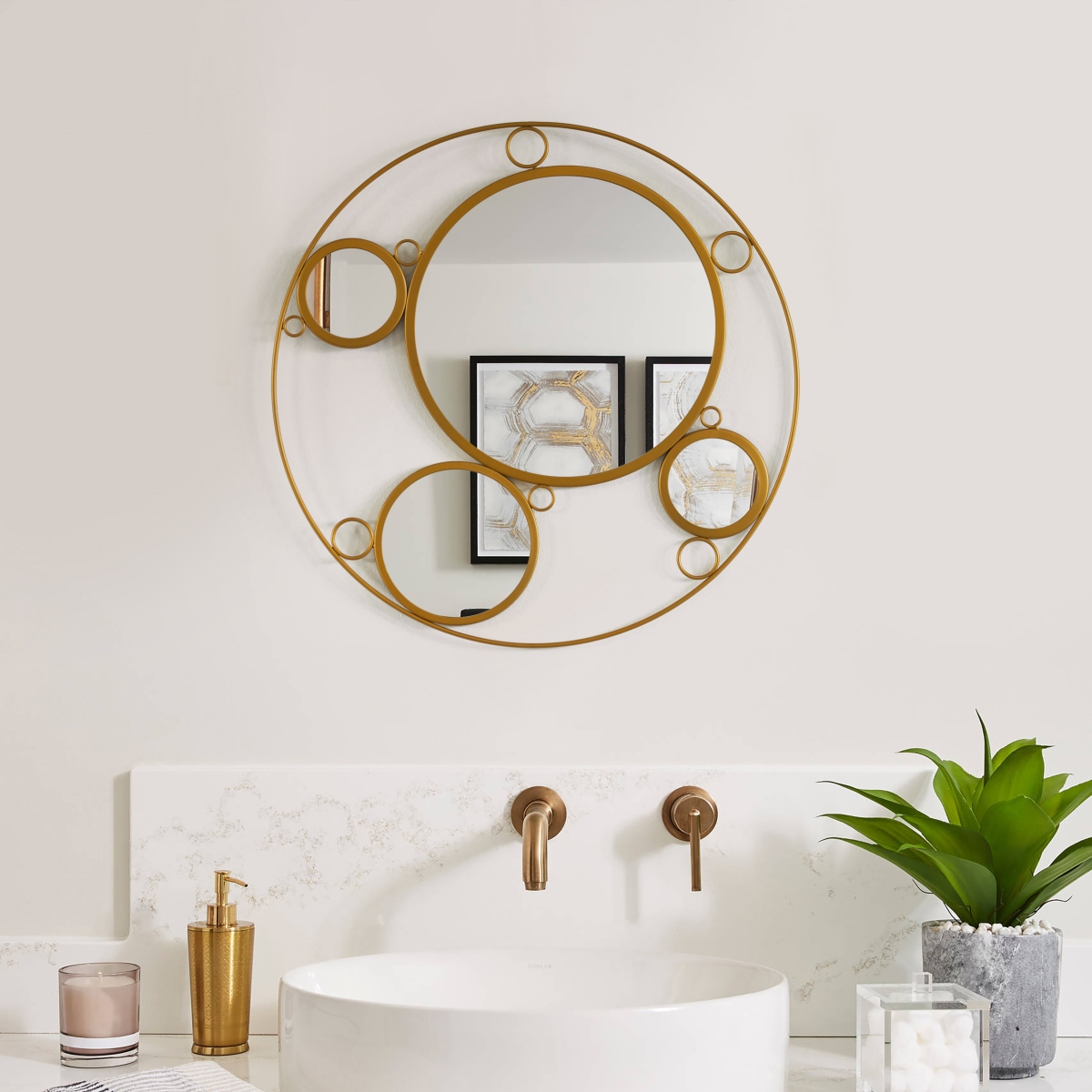 Picture of Uniquewise QI004577 Decorative 19.75-inch Round Frame Mirror - Gold Metal Wall Mounted Mirror with 4 Glass Mirror Balls for a Modern Twist&#44; Elevate Your Living Room&#44; Bedroom&#44; Vanity&#44; Entryway or Hallway Decor