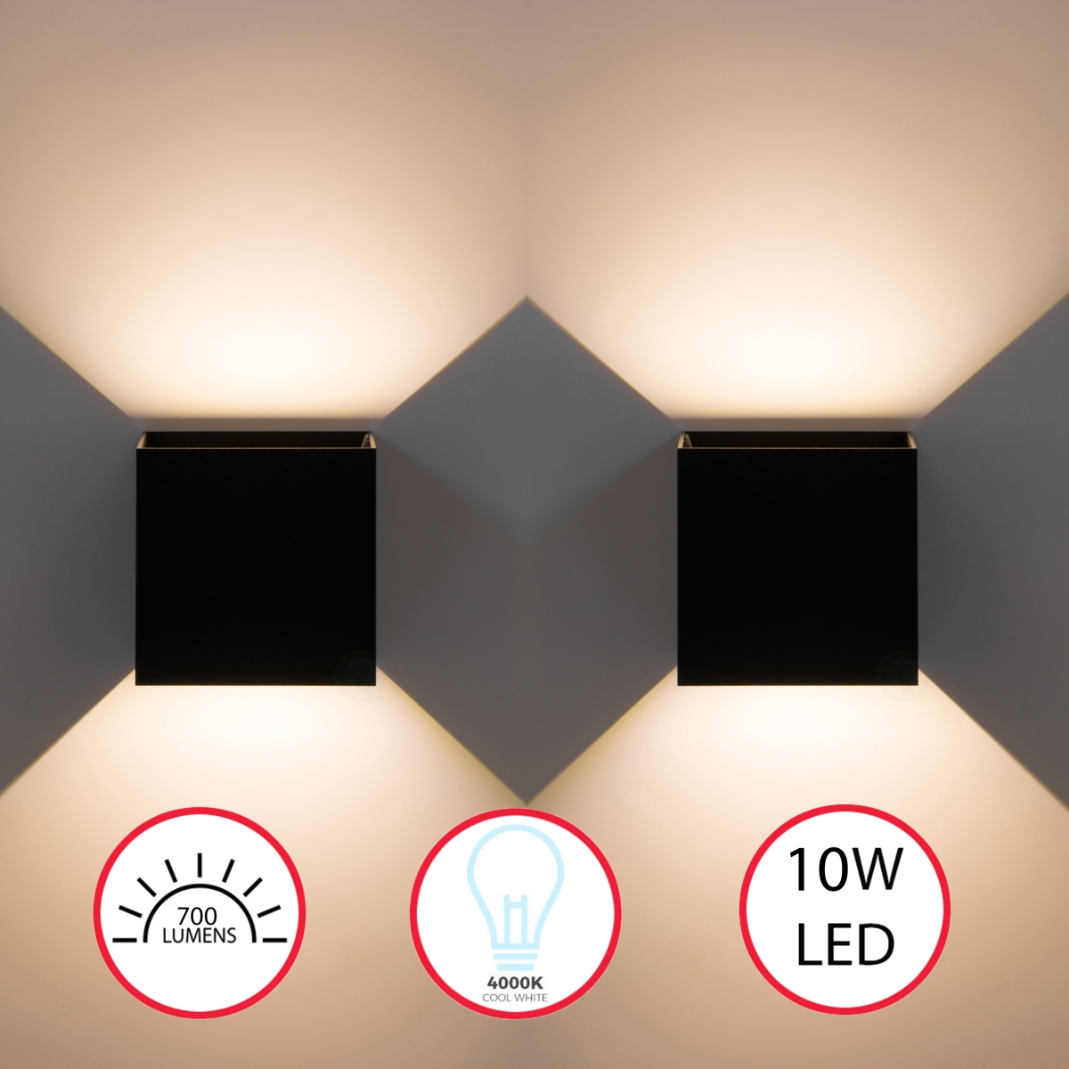 Modern Decorative Waterproof Aluminum Wall Lamp 10 Watt Cool White 4000K, Black Set of 2