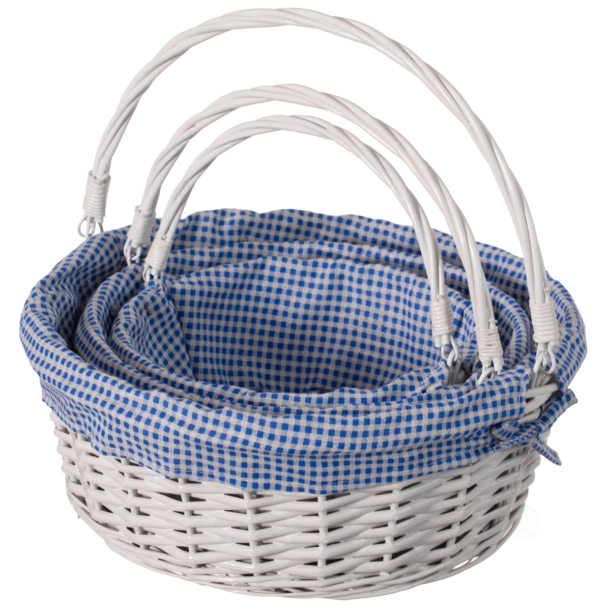 Picture of Wickerwise QI004620.BL.3 Traditional White Round Willow Gift Basket with Blue and White Gingham Liner and Sturdy Foldable Handles, Food Snacks Storage Basket, Set of 3