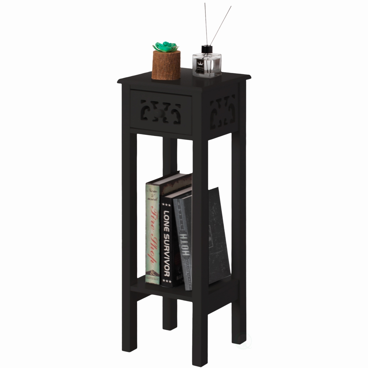 Acacia Wood Slim Bedside Table with Minimalist Design and Space-Saving Functionality, Wood Drawer and Open Shelf Side Table, Black