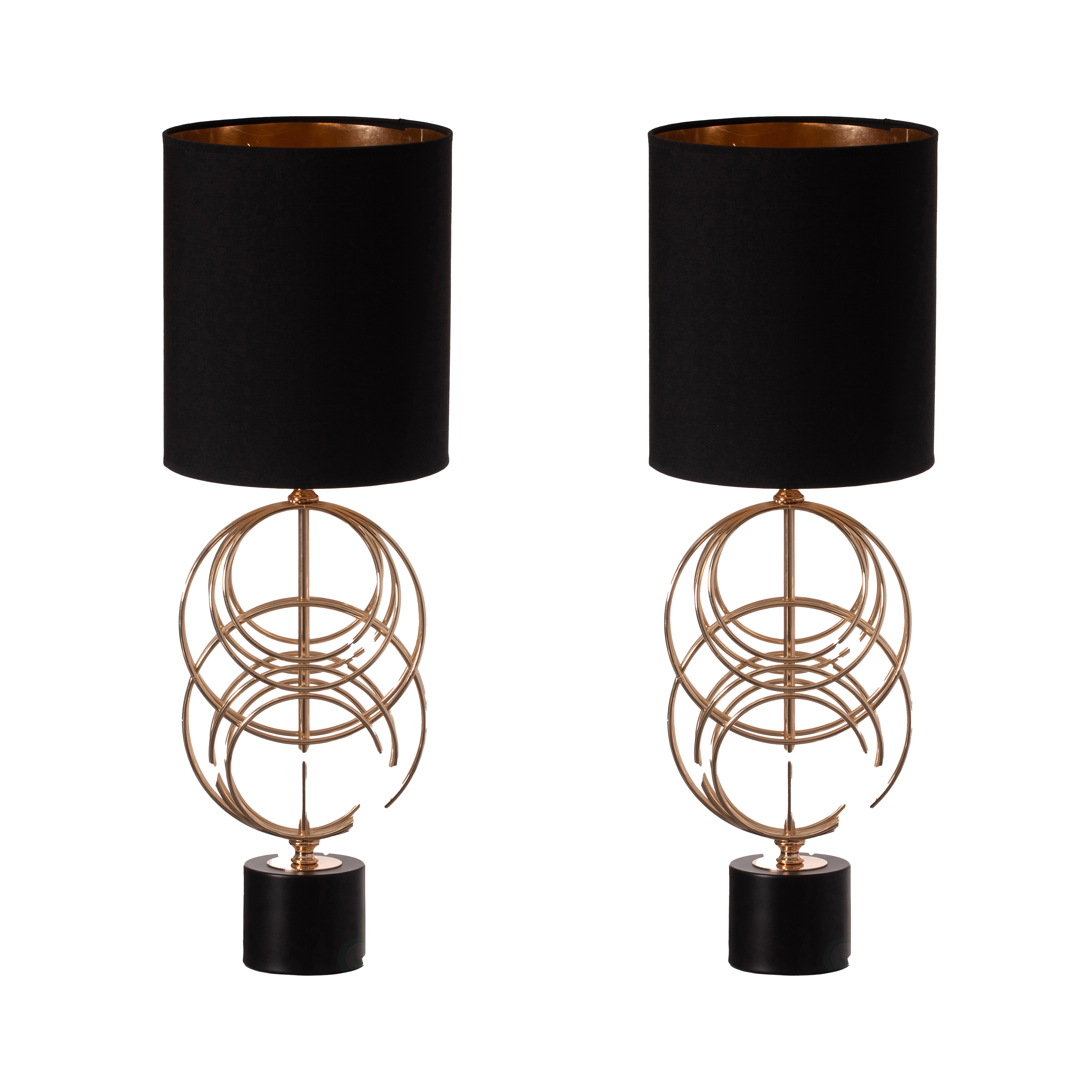 Designer Table Lamp, 26 Inch Decorative Metal Table Lamp with Gold Circular Stand and Black Cotton Lampshade,, Set of 2 -  Estallar, ES4366658