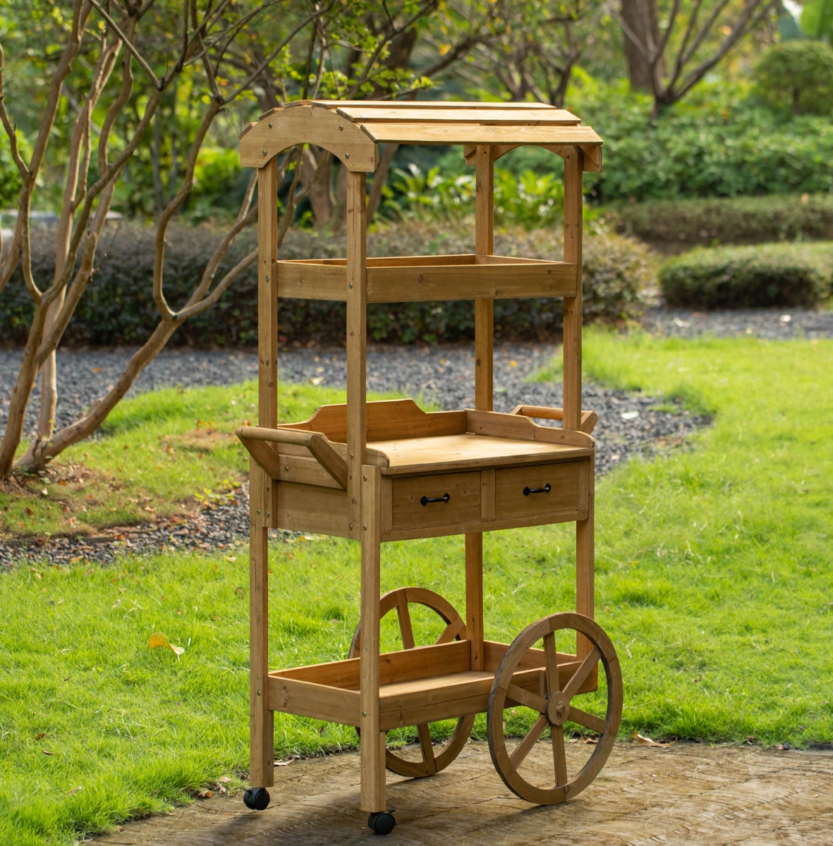 QI004642 Large Wooden Display Rolling Table with Drawers and Wheels 3 Tier with Shelves for Food and More