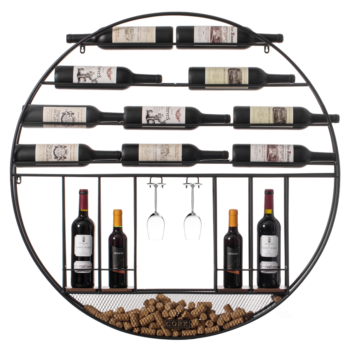 Picture of Vintiquewise QI004276.KD Vintage Decorative Modern Black Metal Round Wall Mounted Wine Display Rack with Cork and Glass Holder