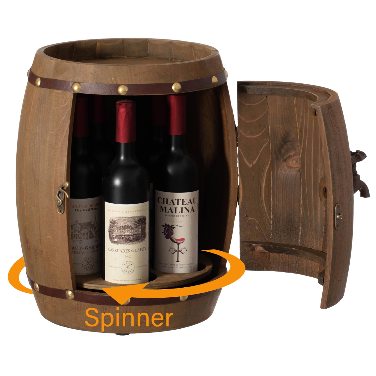 Picture of Vintiquewise QI004652 Vintage Wooden Barrel Shaped Wine Holder with a rotating turntable that allows easy access to your wine for Dining Room, Entryway, or Kitchen