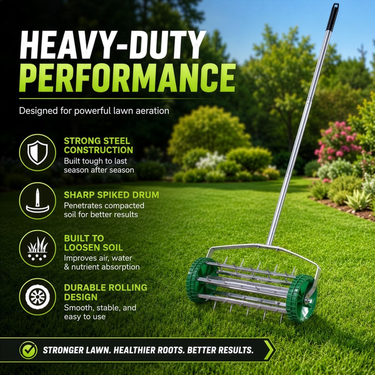 QI004663 Durable Rolling Spike Lawn Aerator with Sturdy Steel Handle and Sharp Metal Tines to Promote Thick, Deep, and Healthy Grass Growth