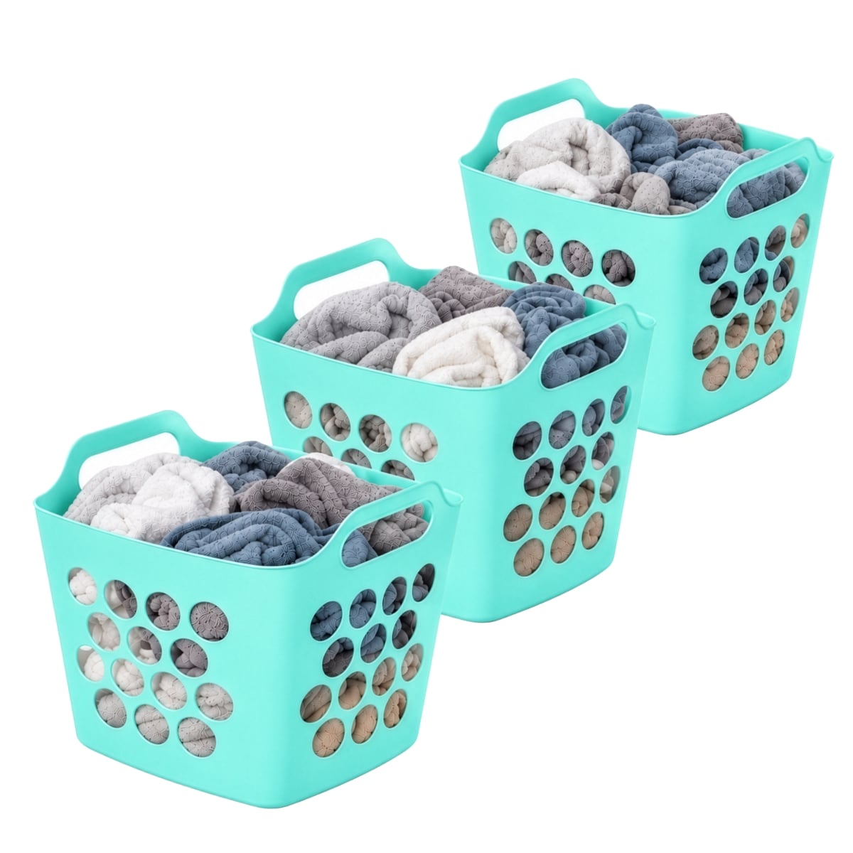 Flexible Plastic Carry Laundry Basket Holder Square Storage Hamper with Side Handles, Green Set of 3