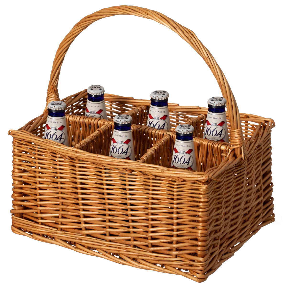 Picture of Wickerwise QI004719 6 Bottle Wine and Beverage Wicker Tote Basket Perfect for Beer, Champagne, Bar Accessories, Home Bars, and Picnics, Brown