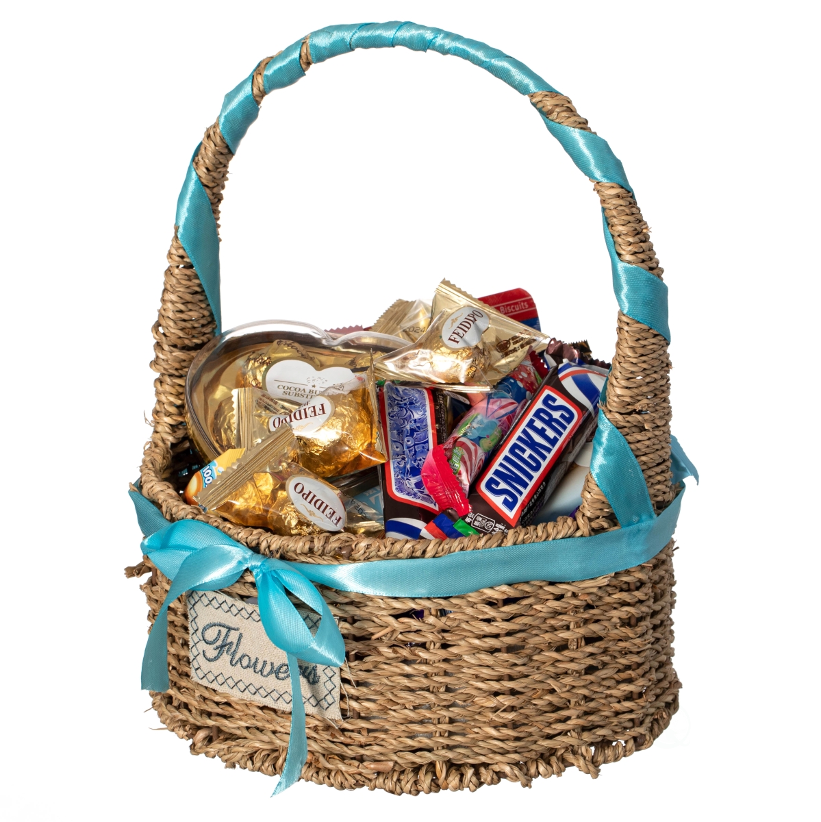QI004720 Small Seagrass Wicker Picnic Basket with Handle Versatile Gift Basket with Blue Ribbon for   Year and Other Occasions