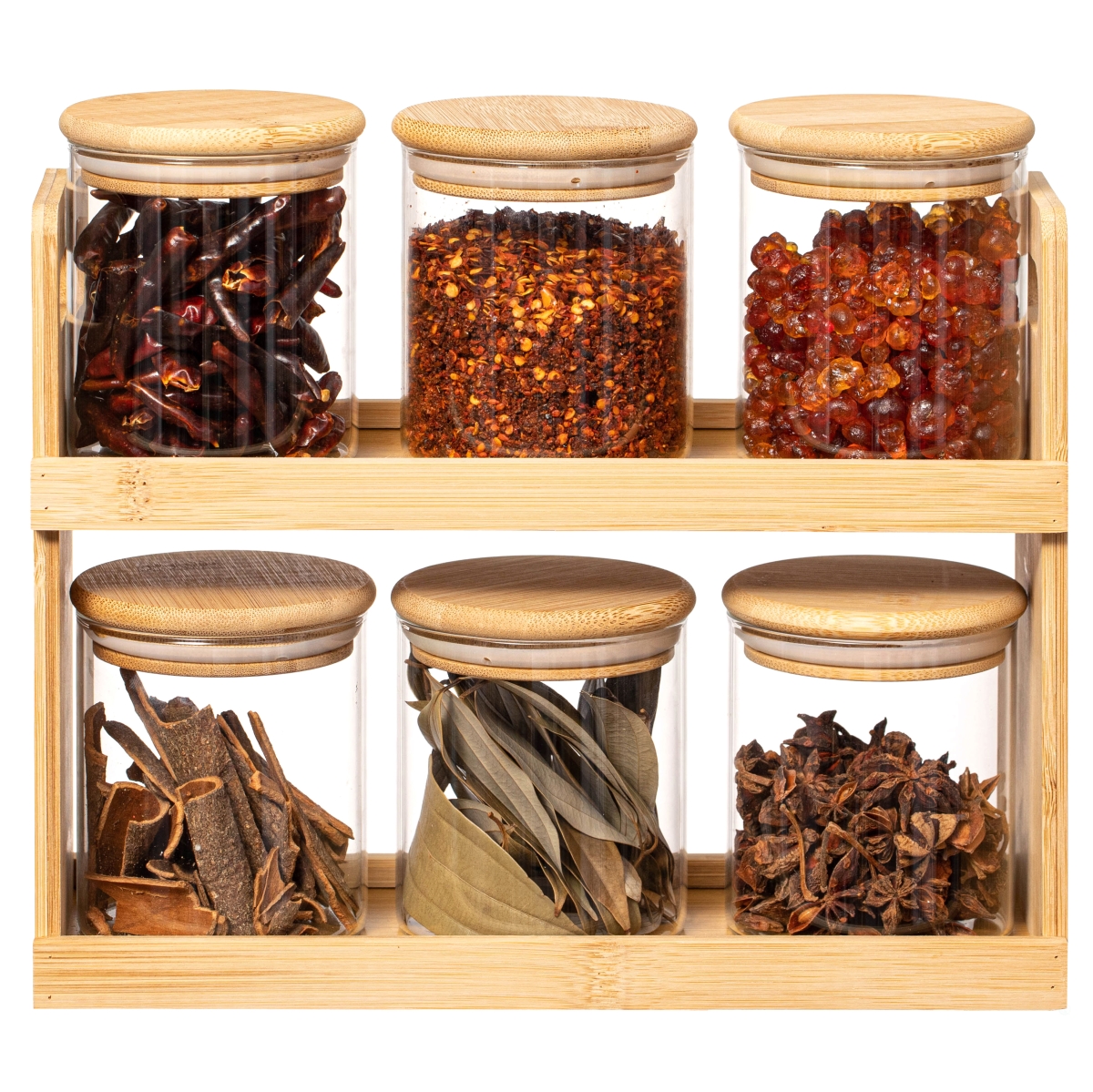 QI004706.6  Versatile 2-Tier Bamboo Spice Rack and Pantry Organizer with 6 Glass Jars  Perfect for Countertop Storage in Kitchens