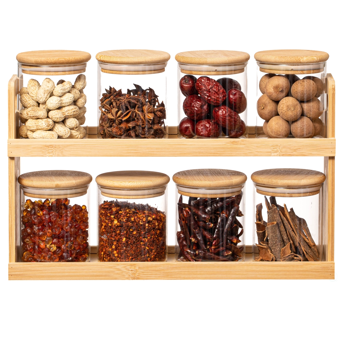 QI004706.8  Versatile 2-Tier Bamboo Spice Rack and Pantry Organizer with 8 Glass Jars  Perfect for Countertop Storage in Kitchens