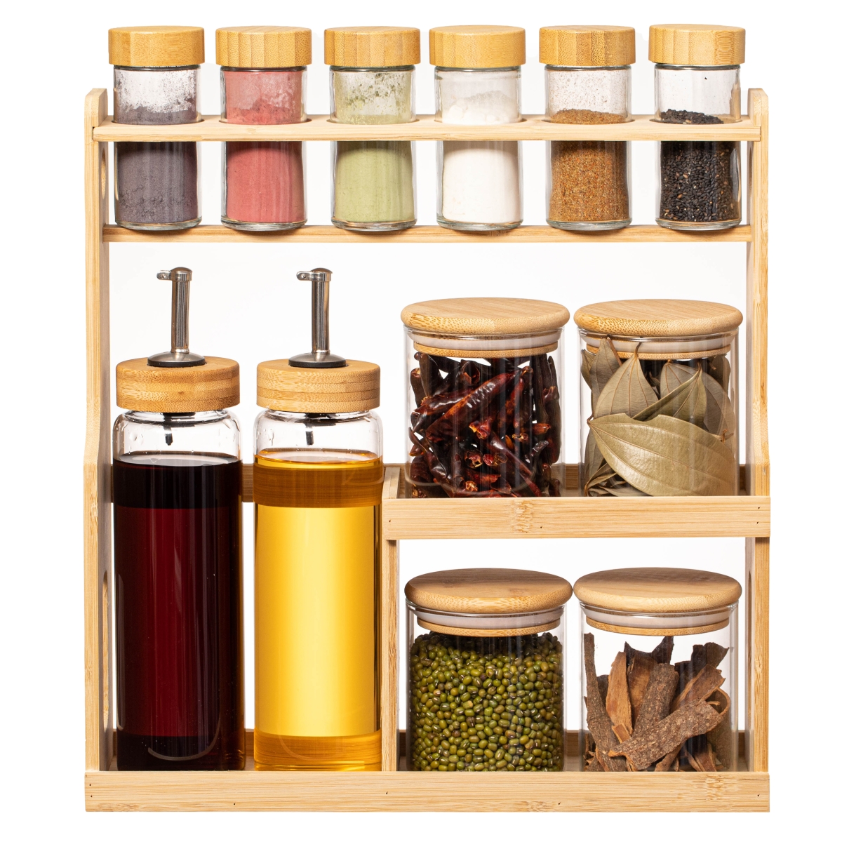 3-Tier Bamboo Spice Rack with 6 Shaker Bottles - Natural Finish - Compact Design - Versatile Storage Solution