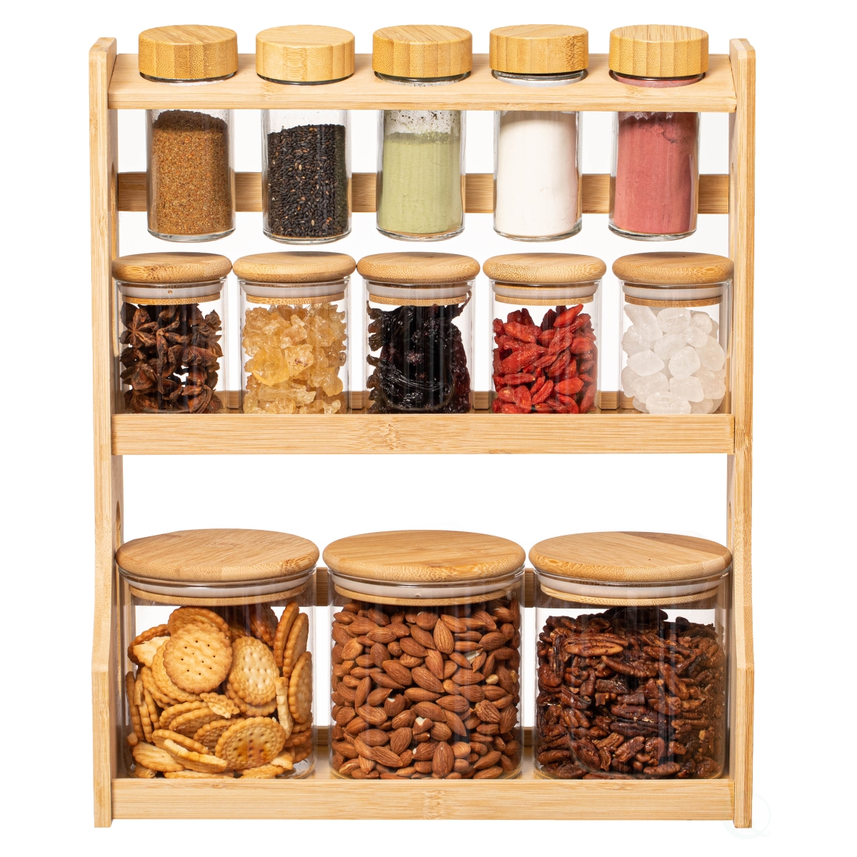Versatile 3-Tier Bamboo Spice Rack - Beige - Countertop Organizer - Includes 13 Glass Jars