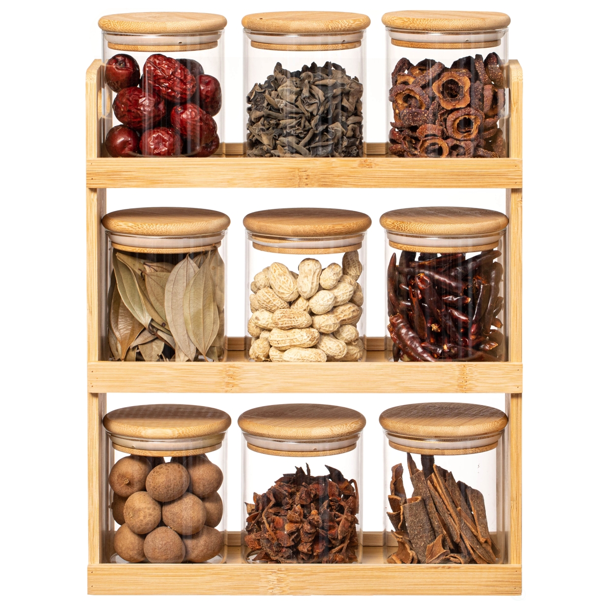 Versatile 3-Tier Bamboo Spice Rack - Beige - Countertop Storage - Includes 9 Glass Jars