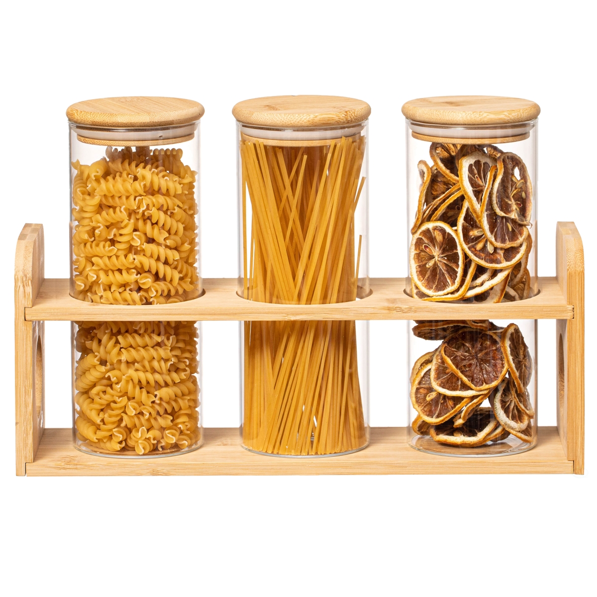 QI004707  3 Pcs 30oz Glass Jars with Bamboo Shelf for Storing Ground Coffee, Sugar, Beans and Grains, Airtight Canisters for Nuts