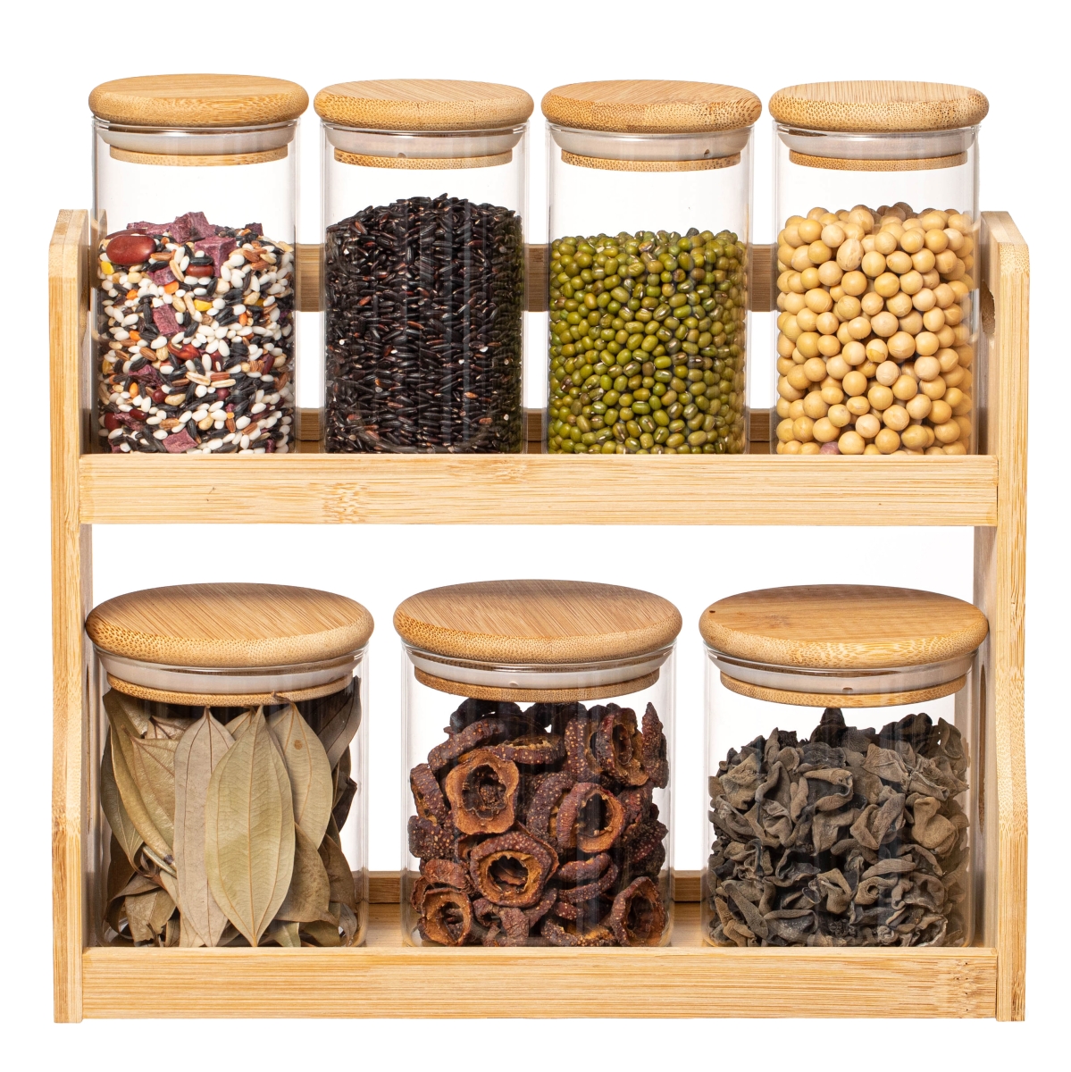 2-Tier Bamboo Spice Rack - Beige - Compact Countertop Organizer - 7 Glass Jars Included