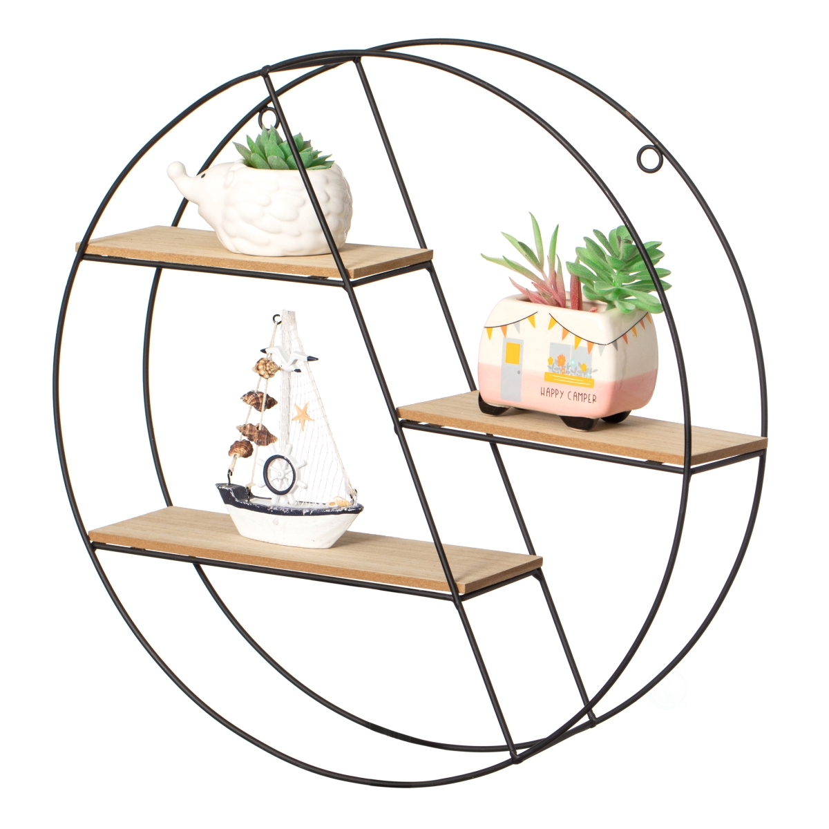 QI004691.3BK  Elegant 3-Tier Decorative Floating Circular Silhouette Wall Shelf - Circular Metal and Wood Wall-Mounted Shelf for