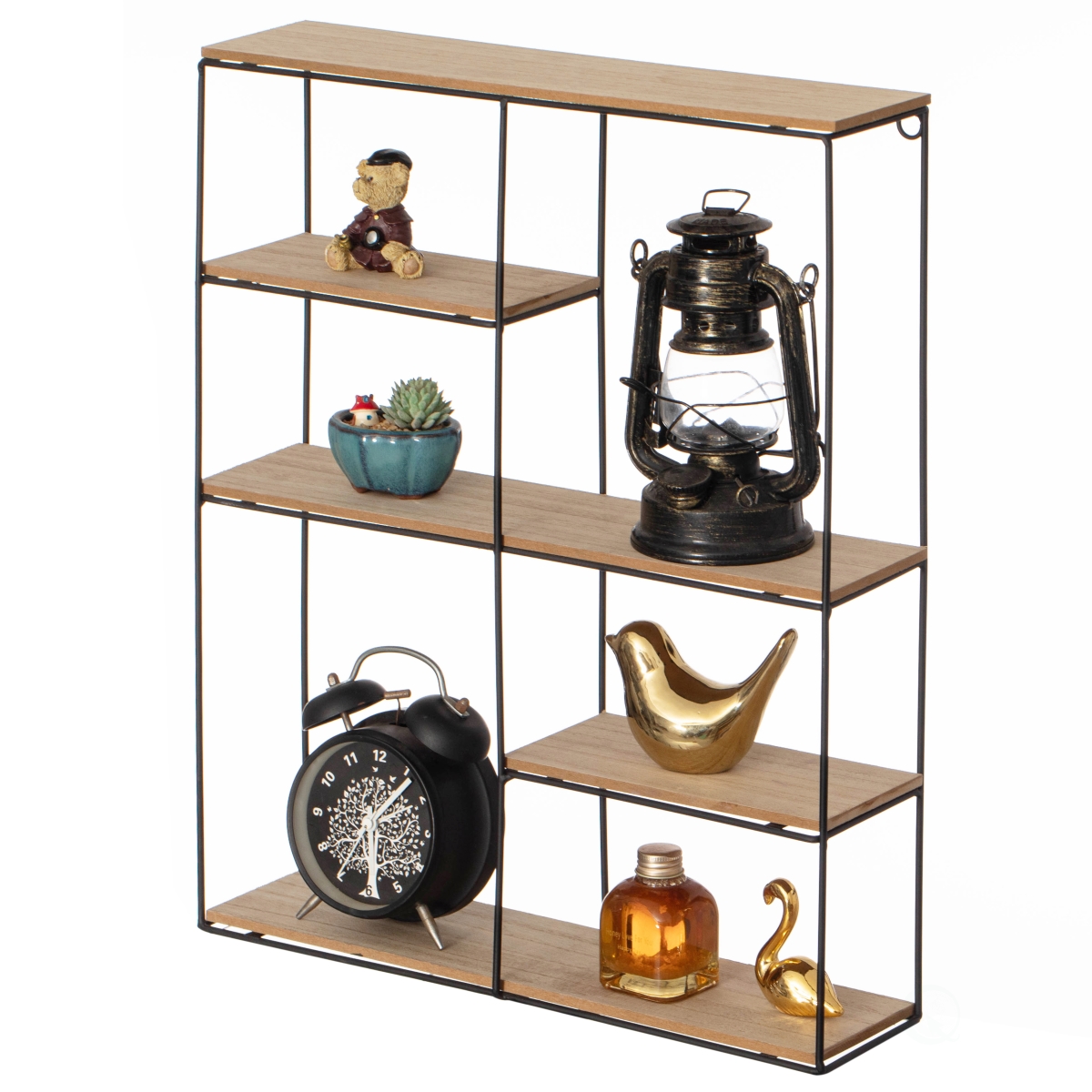 QI004691.SQ  Rectangular 4-Tier Floating Wall Shelf - Metal and Wood Wall-Mounted Display Shelf - Multi-Functional