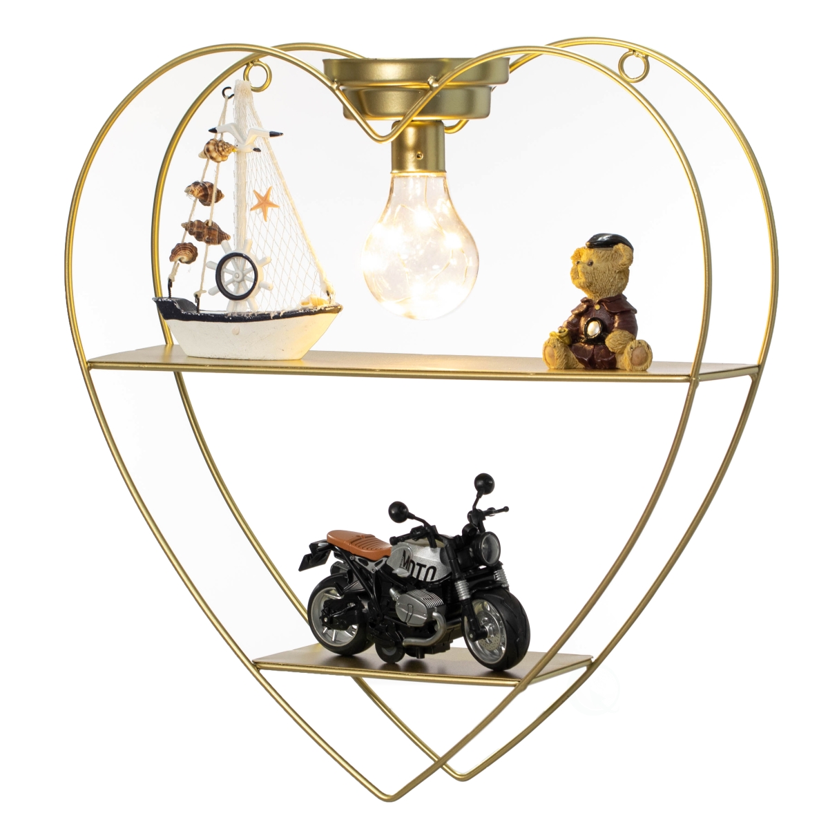 QI004691.Hrtgold  Heart-Shaped 2-Tier Floating Metal Wall Shelf with Overhead Light Bulb  Decorative Wall-Mounted Shelf for