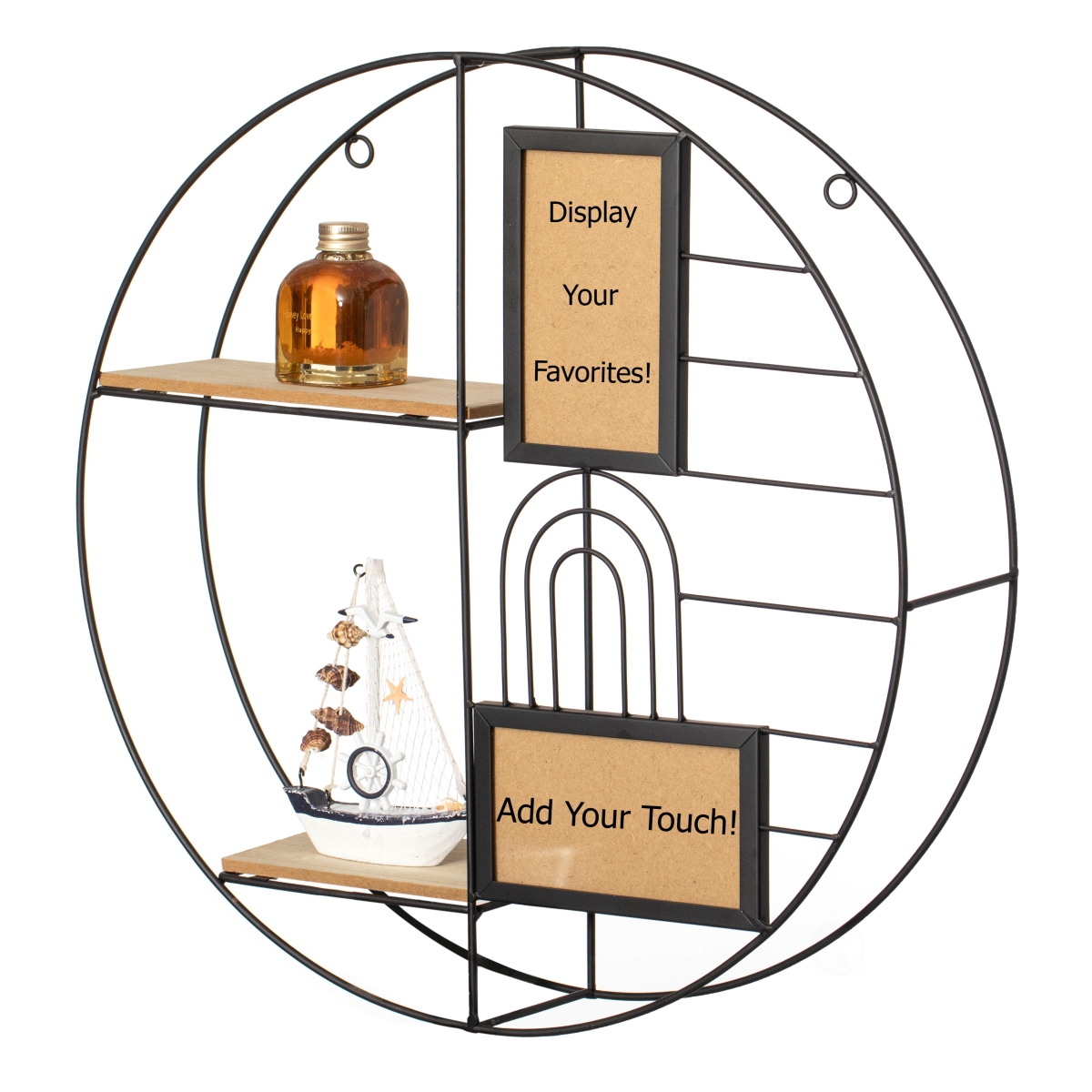 QI004691.photo.Bk  2-Tier Decorative Floating Circular Silhouette Wall Shelf with 2 Photo Frames - Circular Metal and Wood Wall-Mounted Shelf