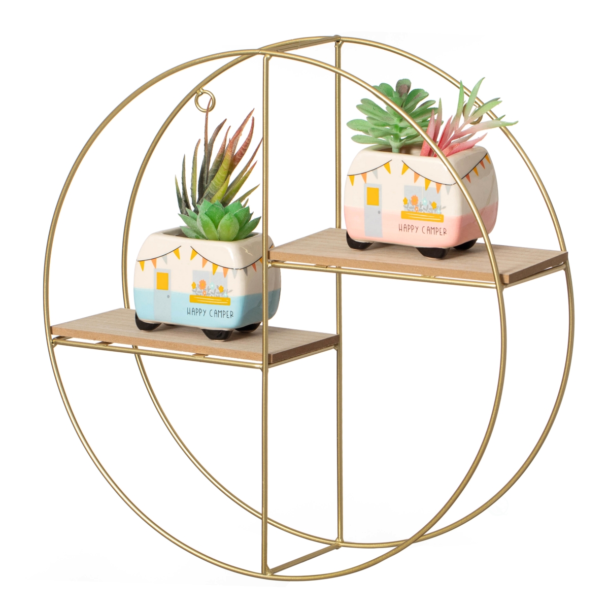 QI004691.2GD  Elegant 2-Tier Decorative Floating Circular Silhouette Wall Shelf - Circular Metal and Wood Wall-Mounted Shelf