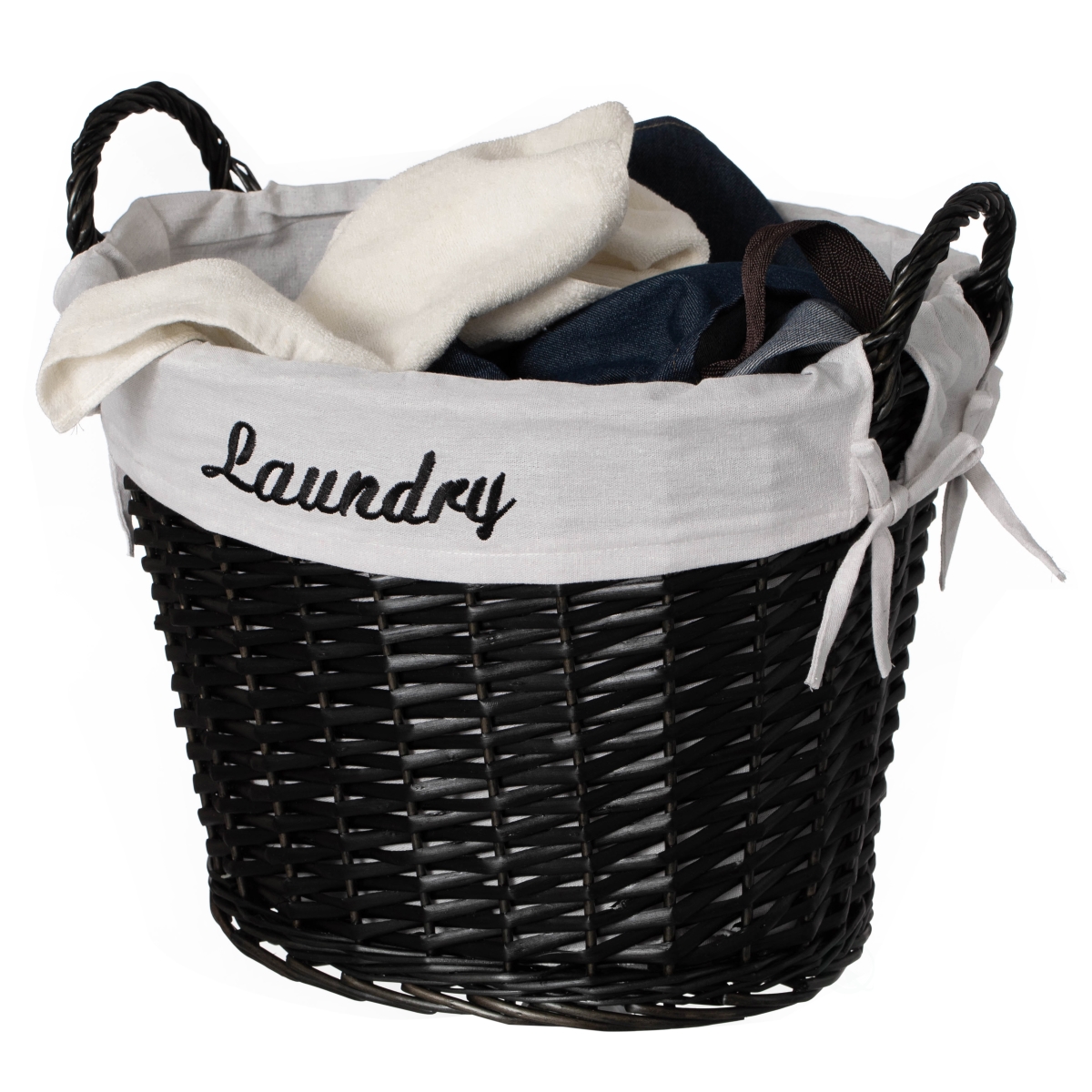 Handwoven Laundry Basket with Liner & Handles - Boho Decorative Storage Hamper for Clothes Blankets Pillows and Towels, Black