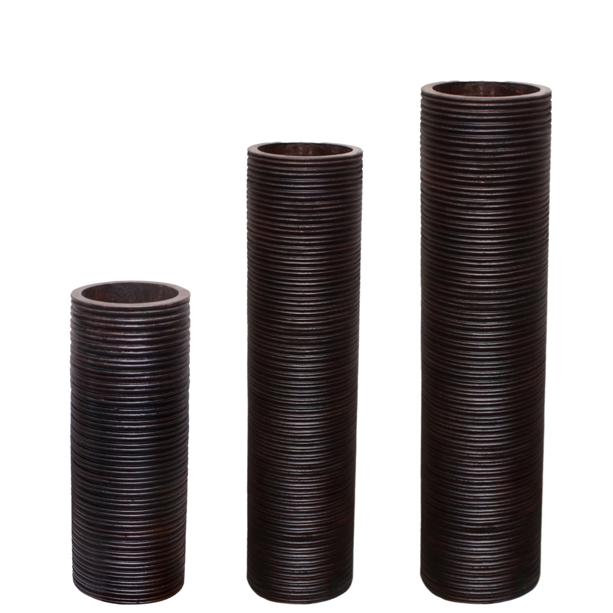QI004432.3 Brown Decorative Contemporary Mango Wood Ribbed Design Cylinder Shaped Vase, Set of 3