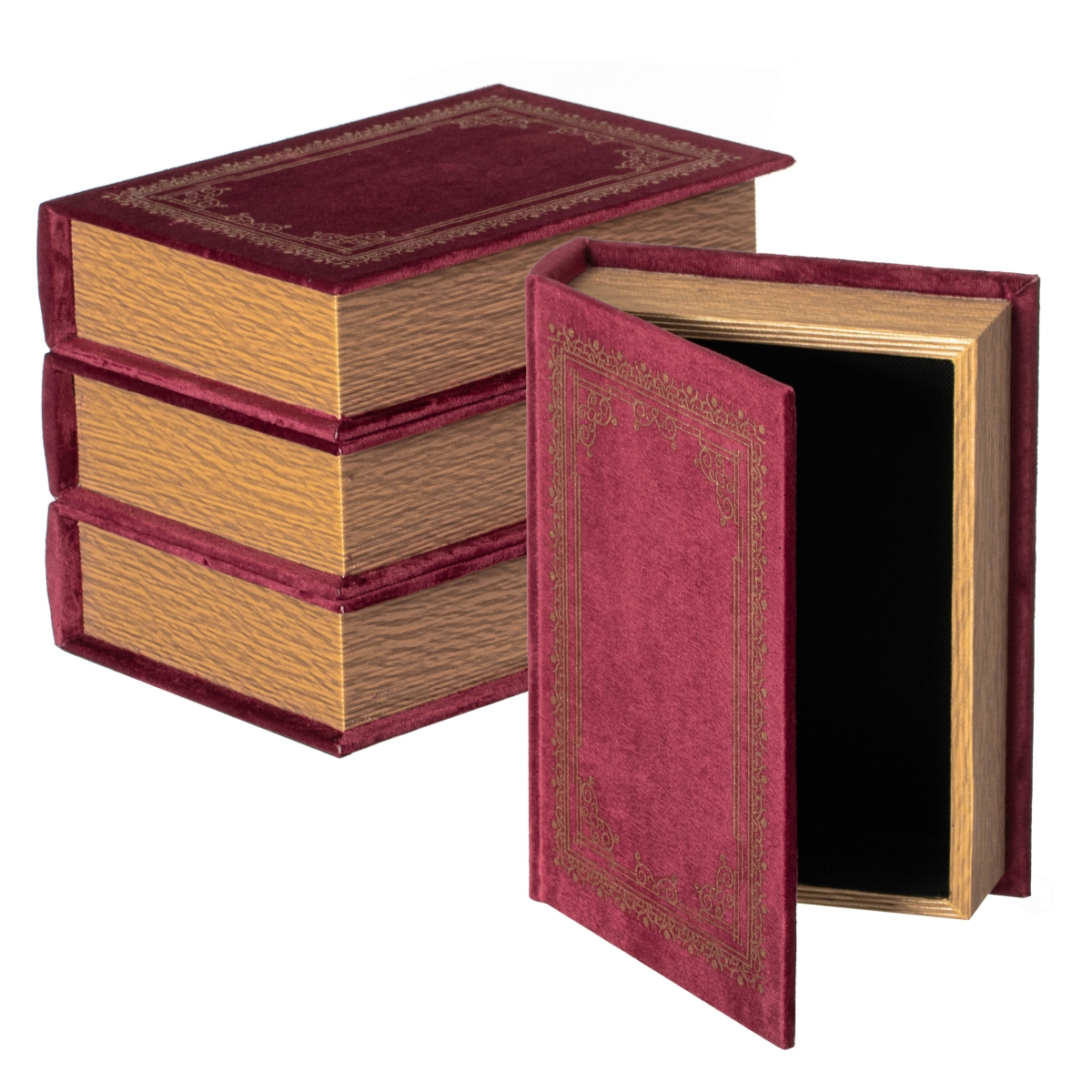 QI003691.P.4  Set of 4 Vintage Decorative Storage Boxes  Wedding, Keepsake, Jewelry, Craft, or Table Decor, Red