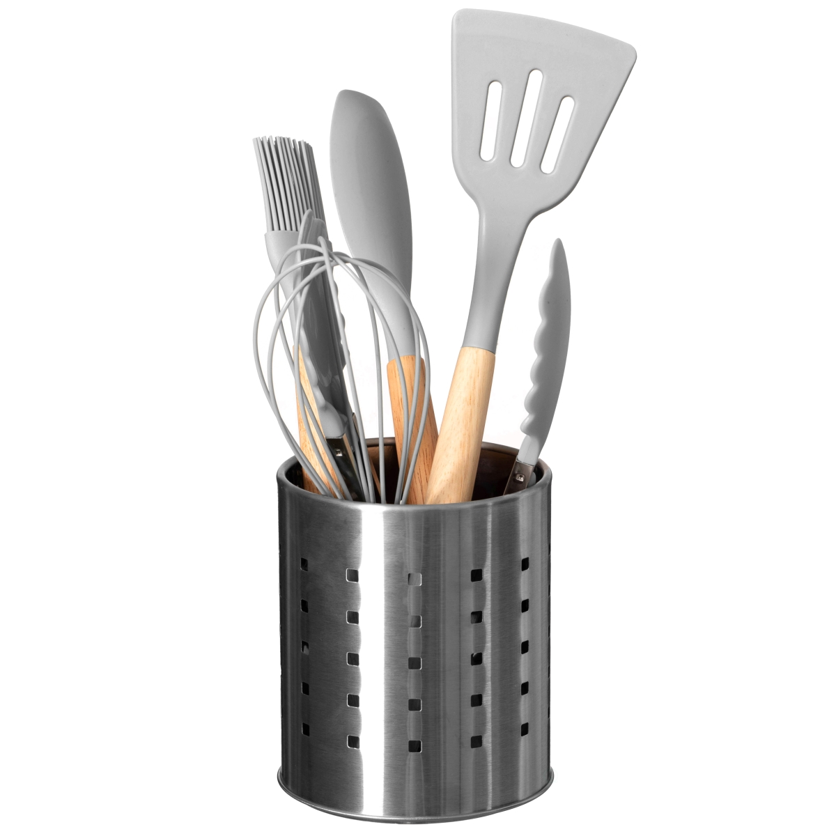 Picture of Basicwise QI004795 Basicwise Round Metal Utensil Holder Countertop Organizer with Drain Holes for Cooking Spoons&#44; Spatulas&#44; Cutlery&#44; and Silverware Stylish Storage Solution for Kitchen Counter&#44; Silver